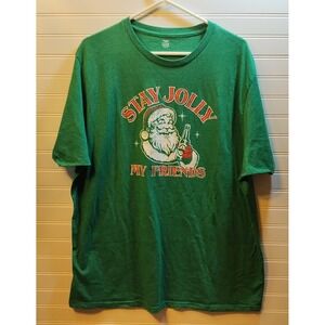 Holiday Time Men's Green Stay Jolly Santa Graphic Christmas‎ T-Shirt 2XL